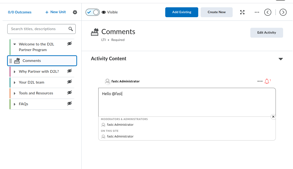 FastComments running inside a D2L Brightspace unit