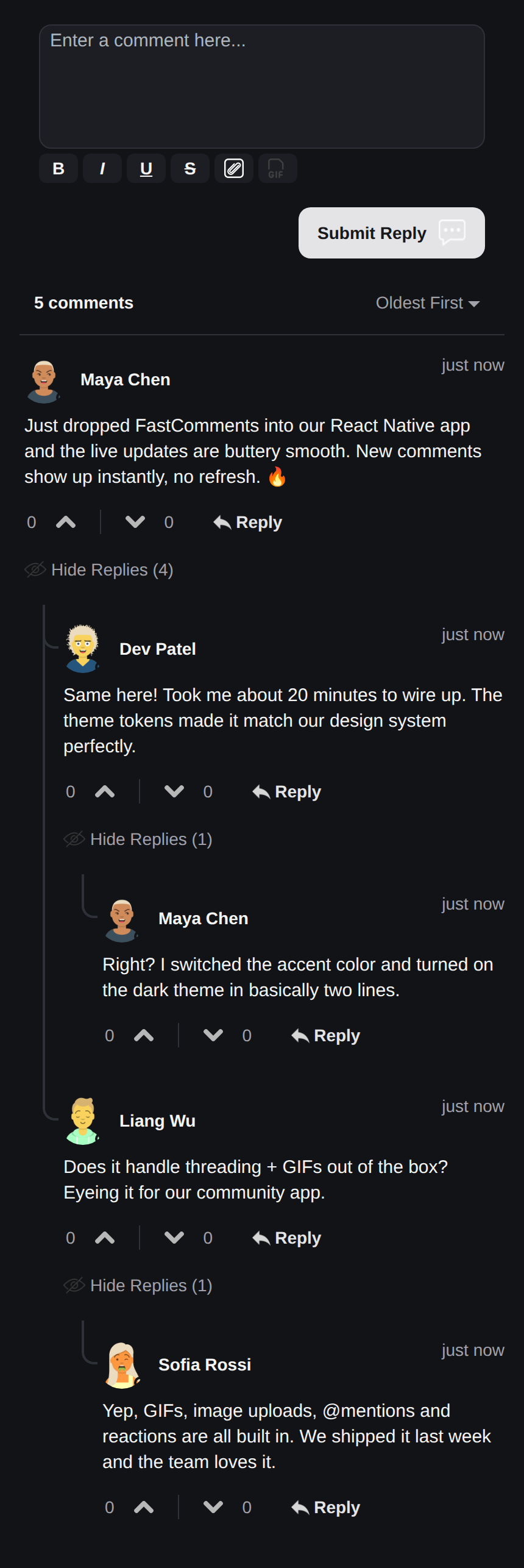 FastComments React Native SDK, dark theme